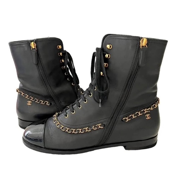 CHANEL Black and Gold Lace Up Boots with Gold Hardware - Picture 7 of 10